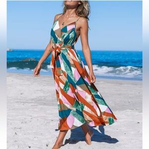 NWT Woman’s Belted Abstract Print Maxi Beach Dress by CUPSHE